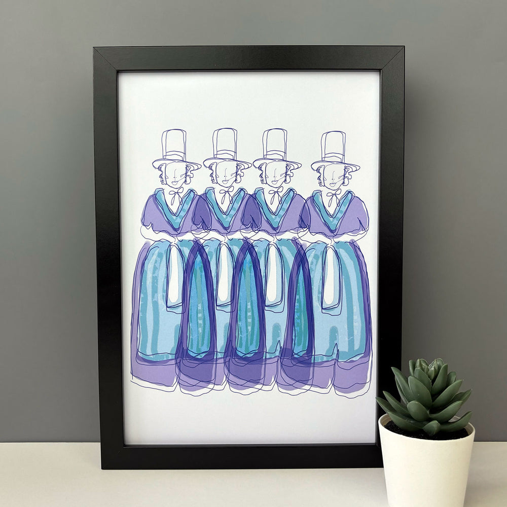 framed print featuring a contemporary take on the traditional Welsh lady in striking blue and purple.