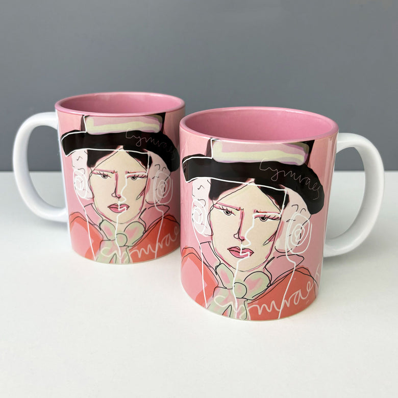 Stoneware mug featuring a contemporary take on the traditional Welsh lady, and the word 'Welsh girl' - Cymraes.