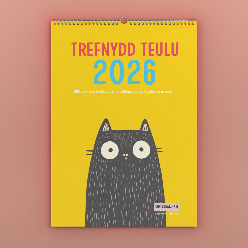 Welsh A5 family organiser calendar with a black cat illustration