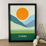 Modern print featuring a Welsh landscape and the word Cymru