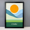 Modern print featuring a Welsh landscape and the word Cymru