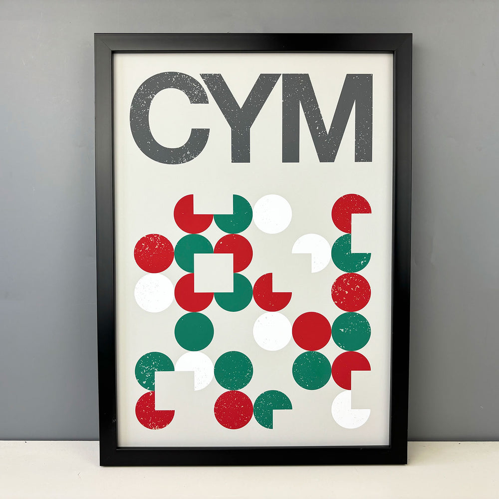 Minimalist print featuring the abbreviation for Cymru  aby Swissty