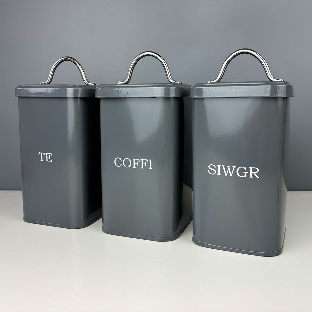 Welsh square tea, coffee, sugar tins - serif, dark grey