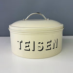 Cream enamel cake tin by JD Burford featuring the Welsh word Teisen