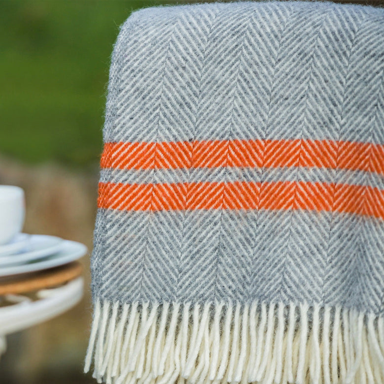 Wool two stripe Welsh throw - orange/grey