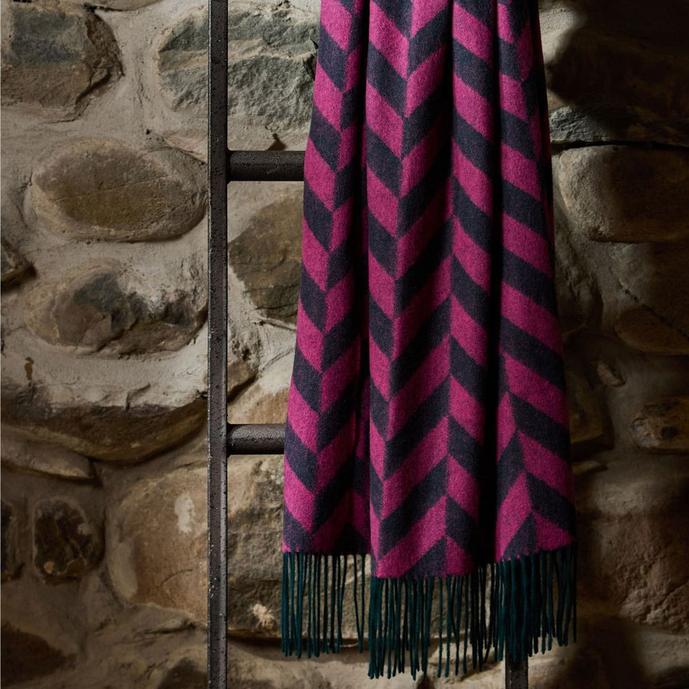 Welsh lambswool herringbone wide scarf - emerald/pink