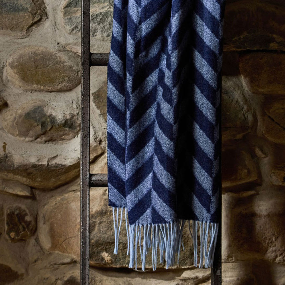 Welsh lambswool herringbone wide scarf - navy/powder blue