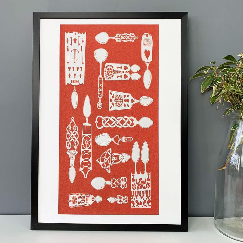 Welsh love spoon print - A4, red