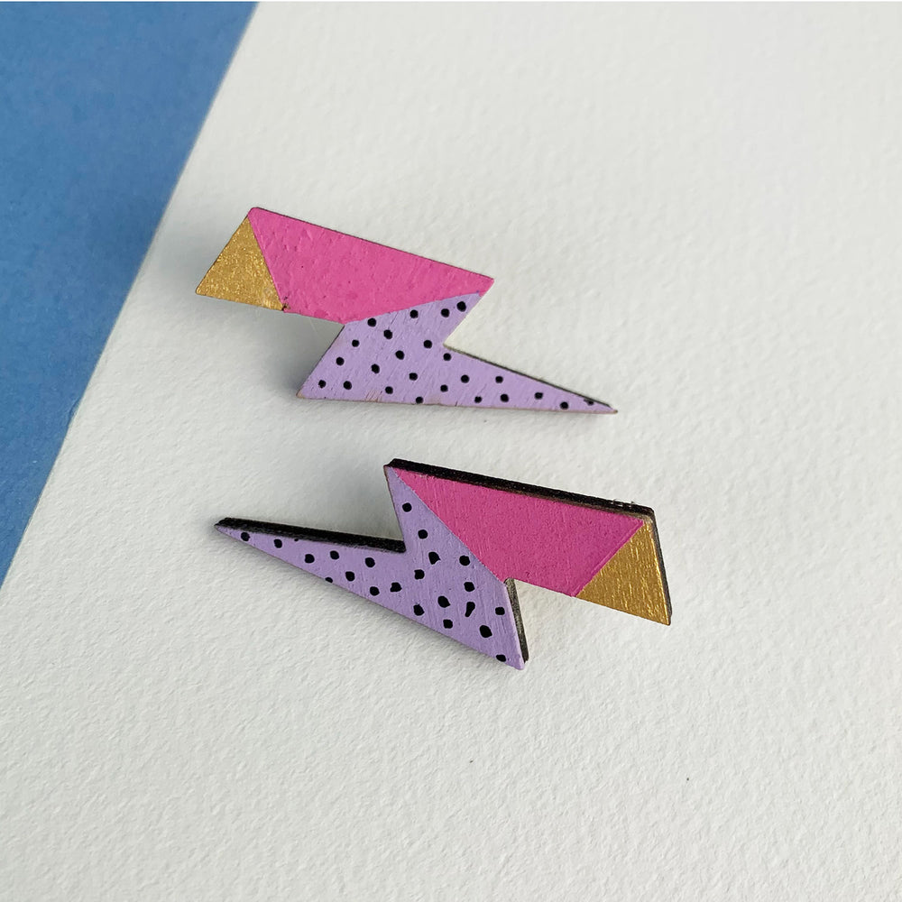 Lightning bolt earrings, small - pink/lilac/gold