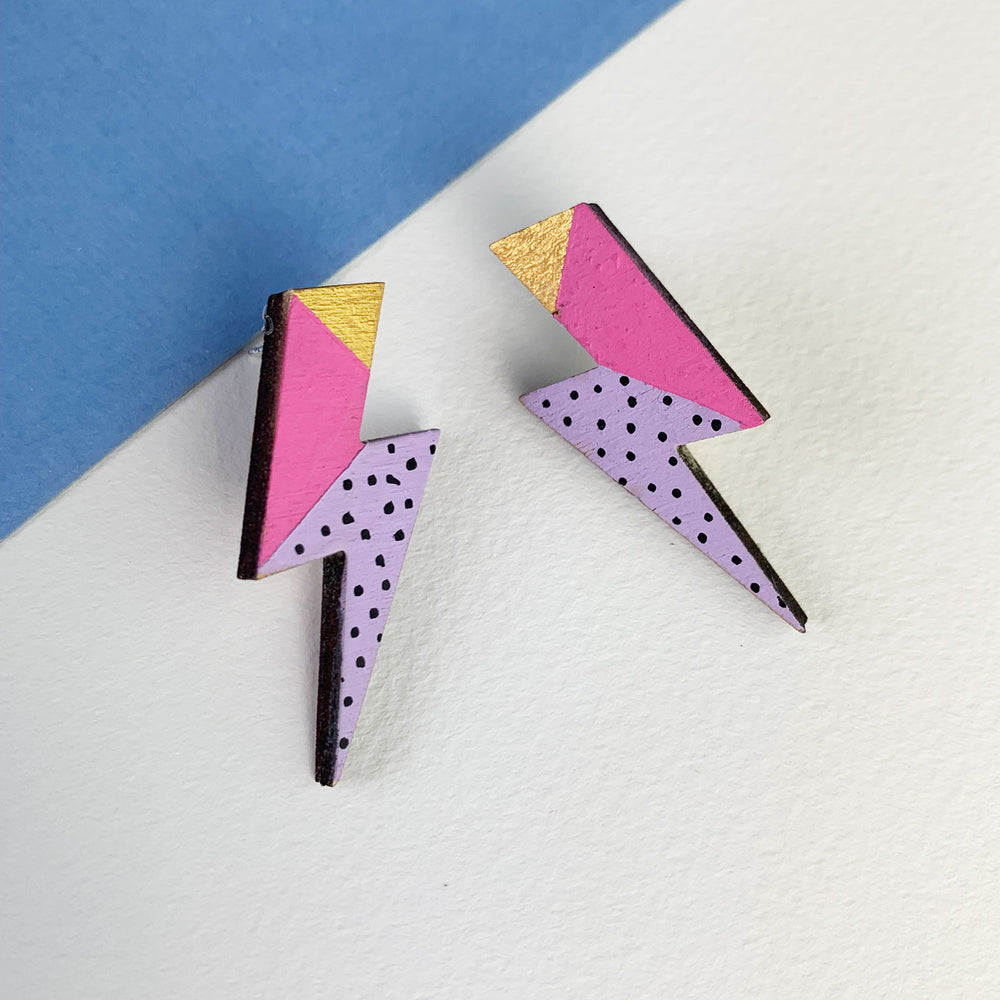 Lightning bolt earrings, small - pink/lilac/gold