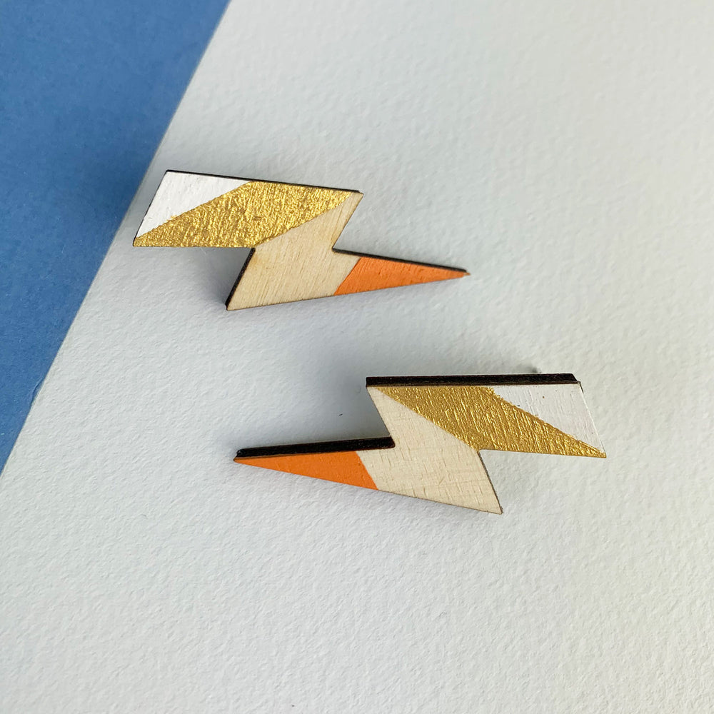 Lightning bolt earrings, small - gold/orange/white