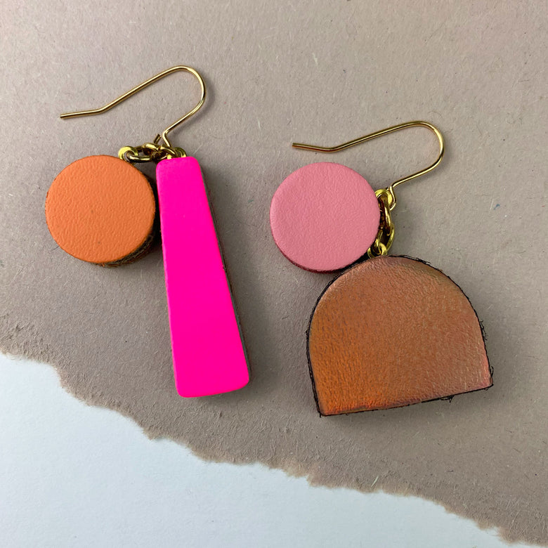 Leather oddbod earrings - pink/orange