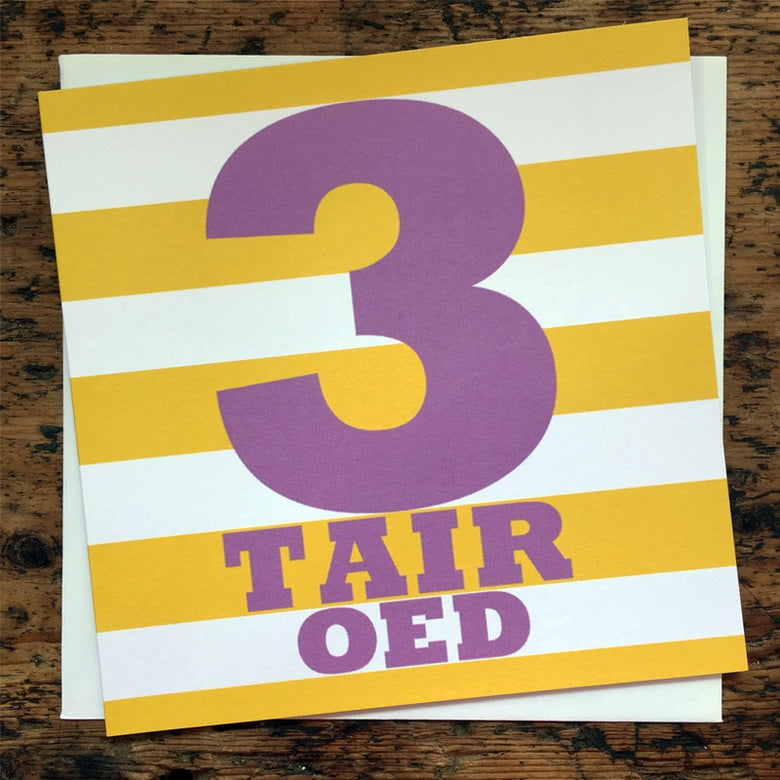 Unique bithday card with '3 years old' written in Welsh