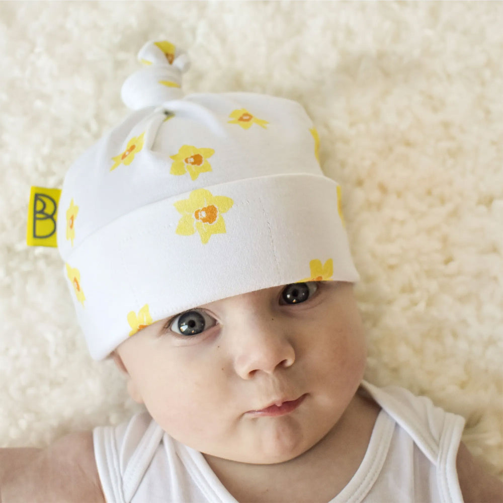 Organic cotton daffodil print baby hat