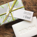 Handmade Welsh soap stamped with the word sebon, labelled with Dad