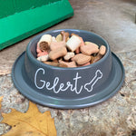 Grey dog food bowl personalised with a pet name