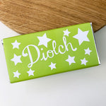 Welsh chocolate bar in a green wrapped featuring the word Diolch