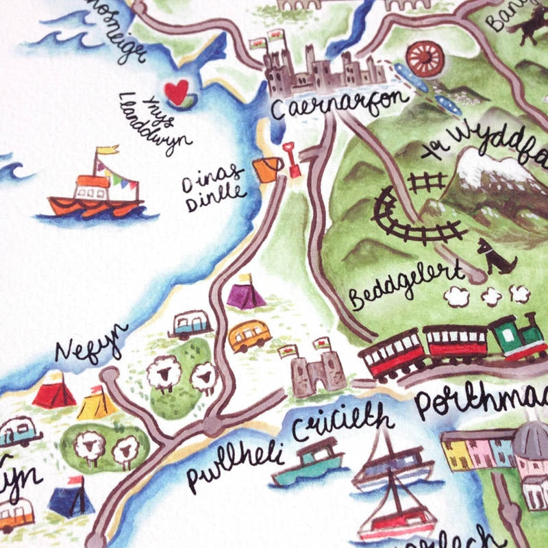Closeup of Welsh art map, showing town names