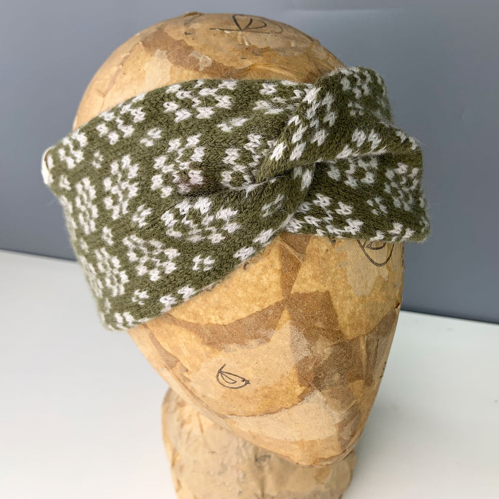 Green wool knitwear headband in green a handmade gift from Adra