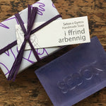 Handmade Welsh soap stamped with the word sebon, labelled with ffrind arbennig