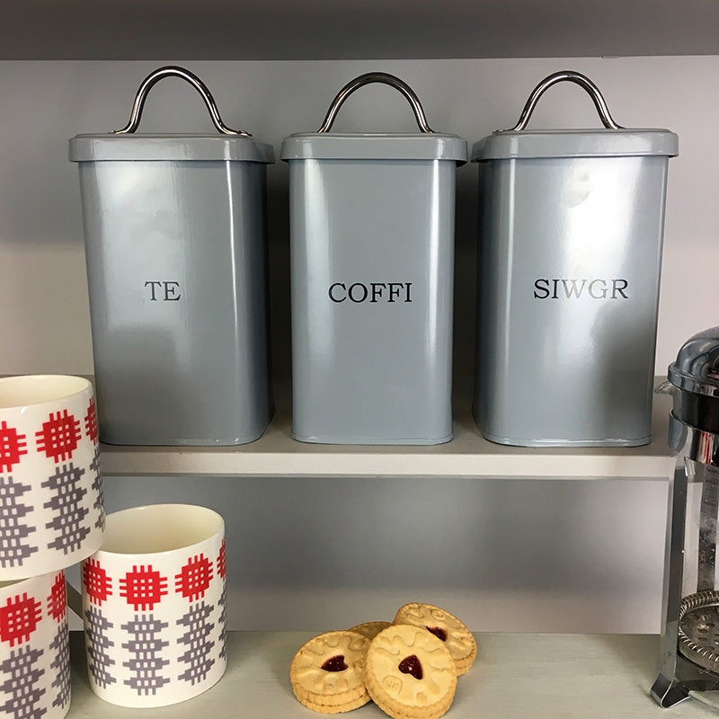 Welsh Tea Coffe And Sugar Pots, Welsh Kitchen Storage Tins,  Adra